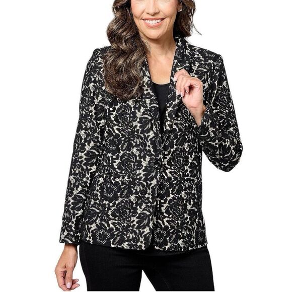 Susan Graver Occasions Size 14 Lace Fusion Print Blazer Jacket Black White Work - Picture 1 of 9